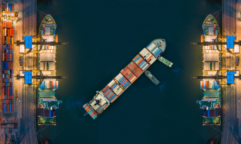 Aerial view of container ships at port
