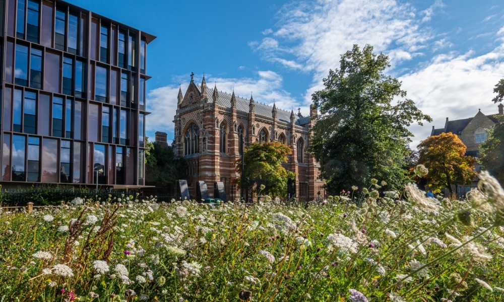 Keble College (right) and the Beecroft Building from University Parks