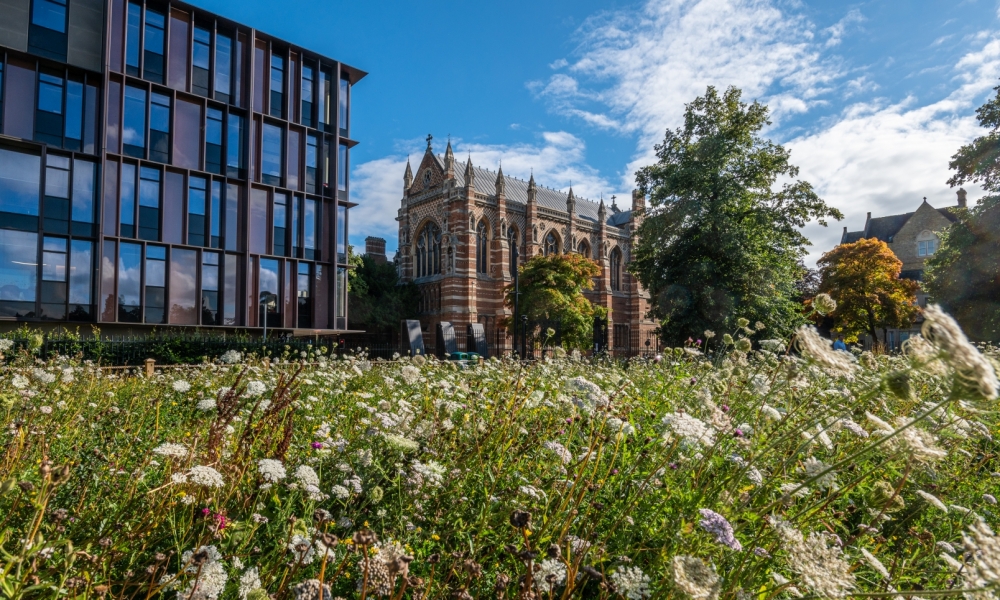 Keble College (right) and the Beecroft Building from University Parks