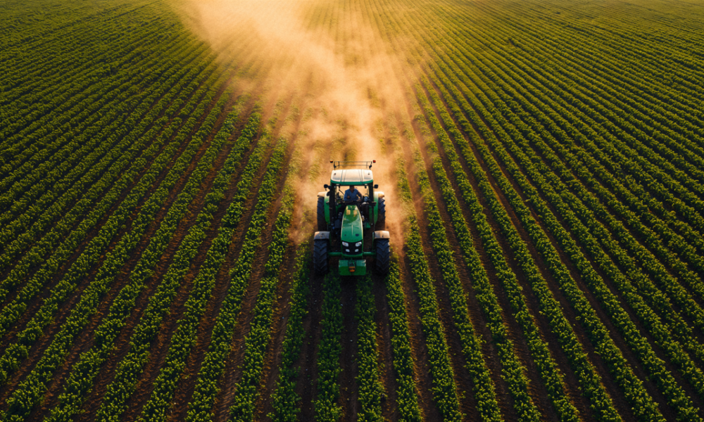 tractor working a green field