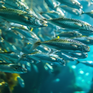 Large school of sardines swimming in unison, with a blue background.