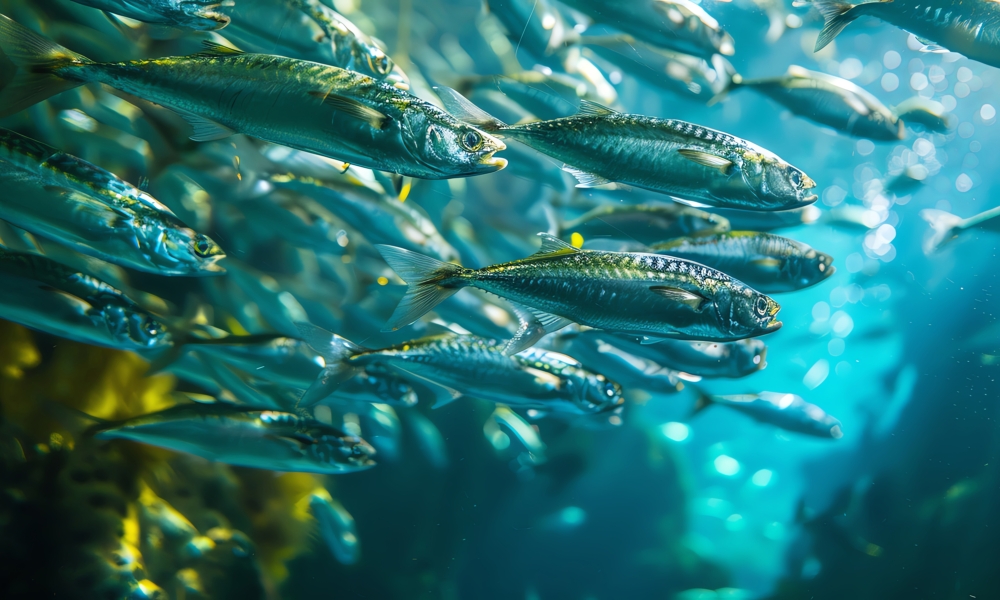 Large school of sardines swimming in unison, with a blue background.