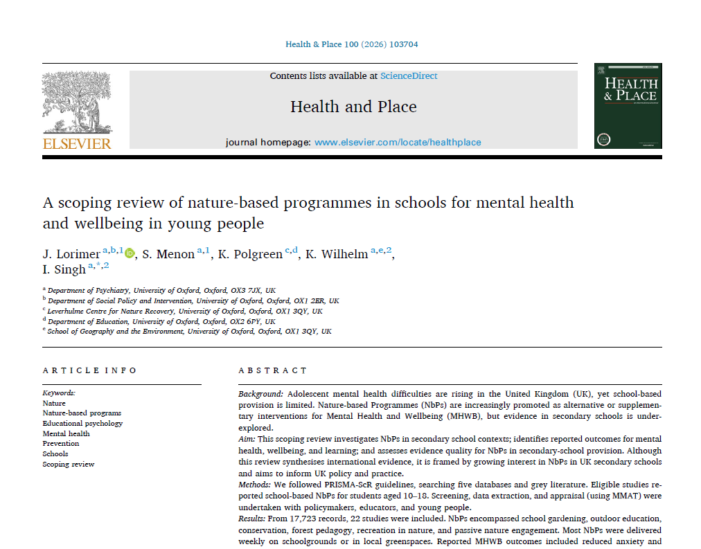 A scoping review of nature-based programmes in schools for mental health and wellbeing in young people